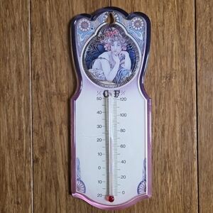 Vintage Art Nouveau Wall Thermometer – Mucha Style Lady Floral Pink Purple 9”